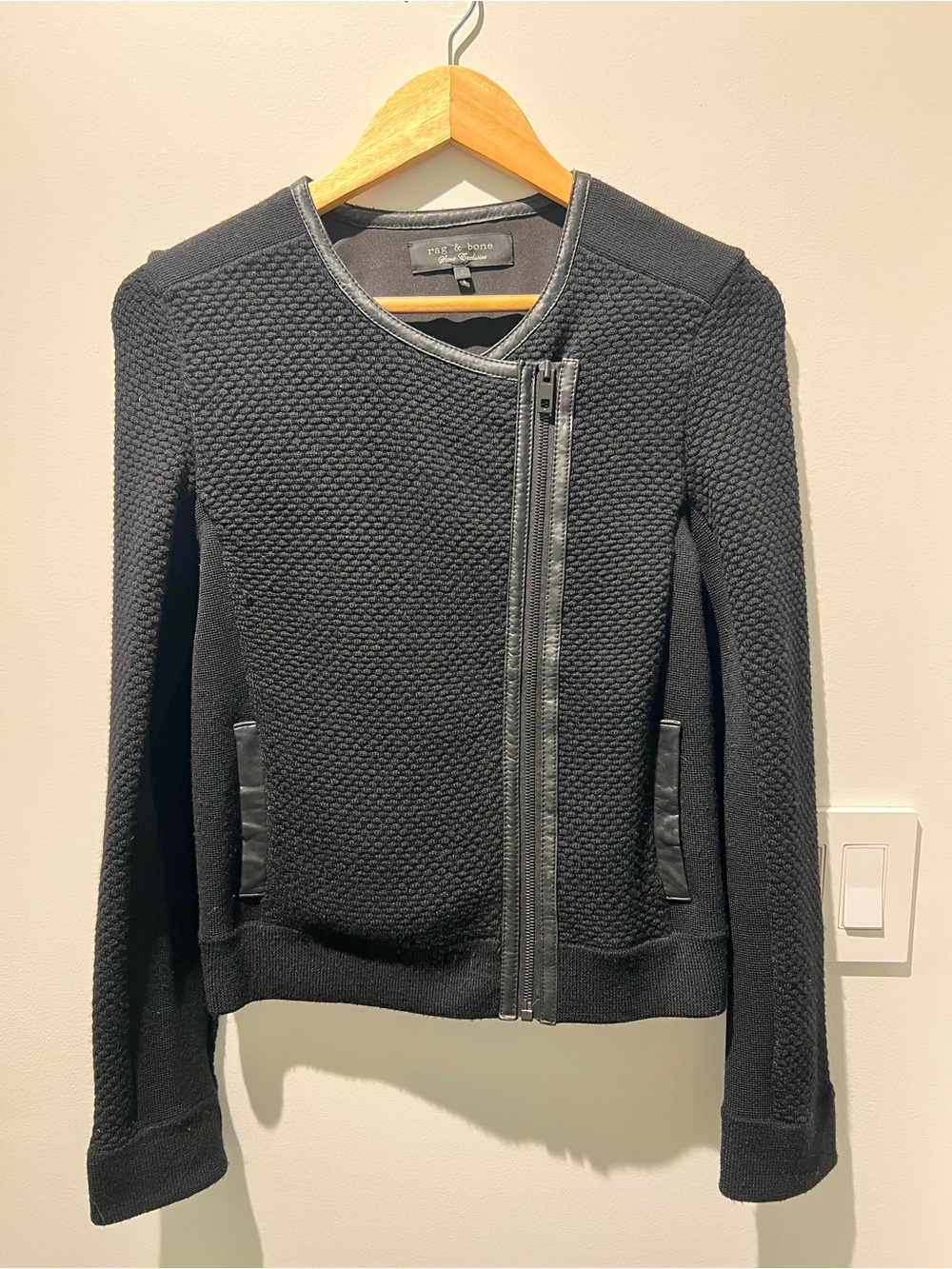 Rag & Bone Black Knit Moto Jacket Leather Trim Sz S